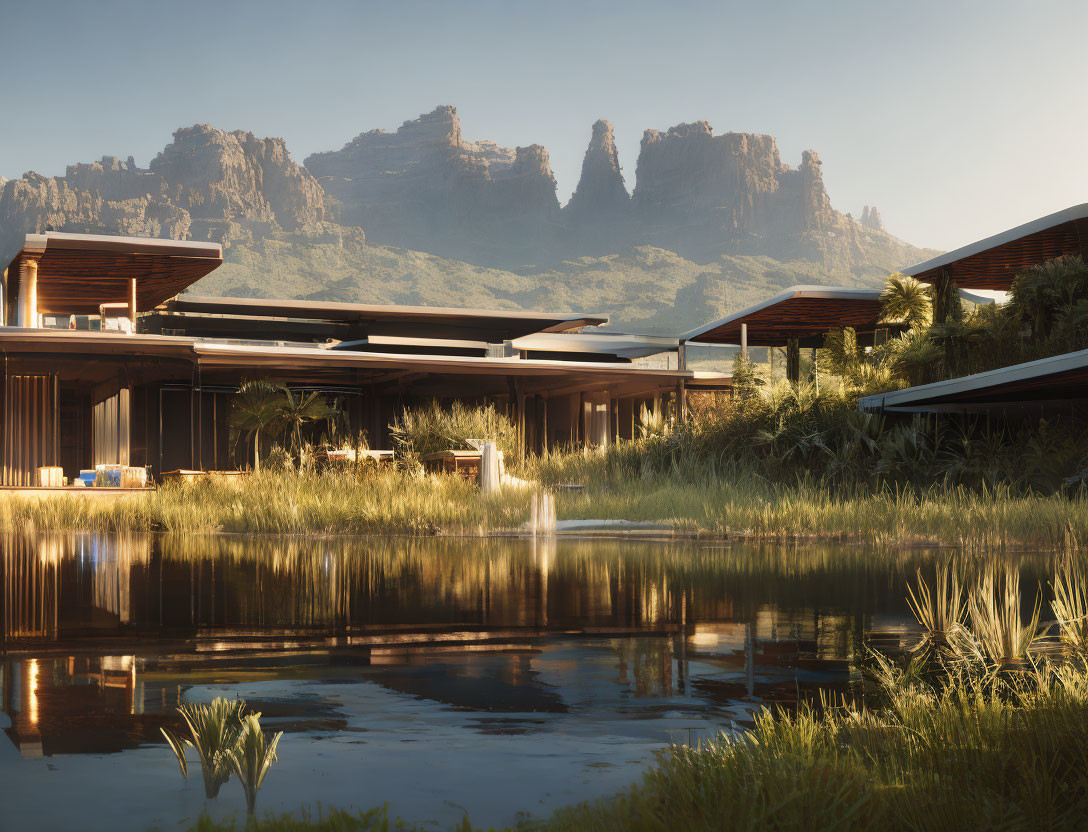 Luxurious Resort with Reflective Water Features and Majestic Mountains