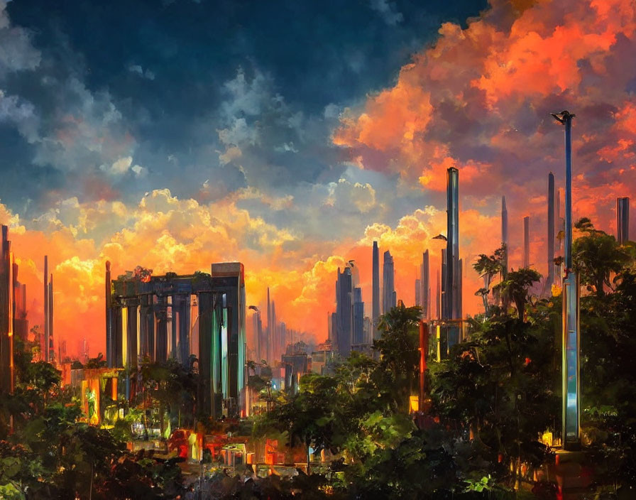 Futuristic dystopian cityscape with fiery skies and lush greenery