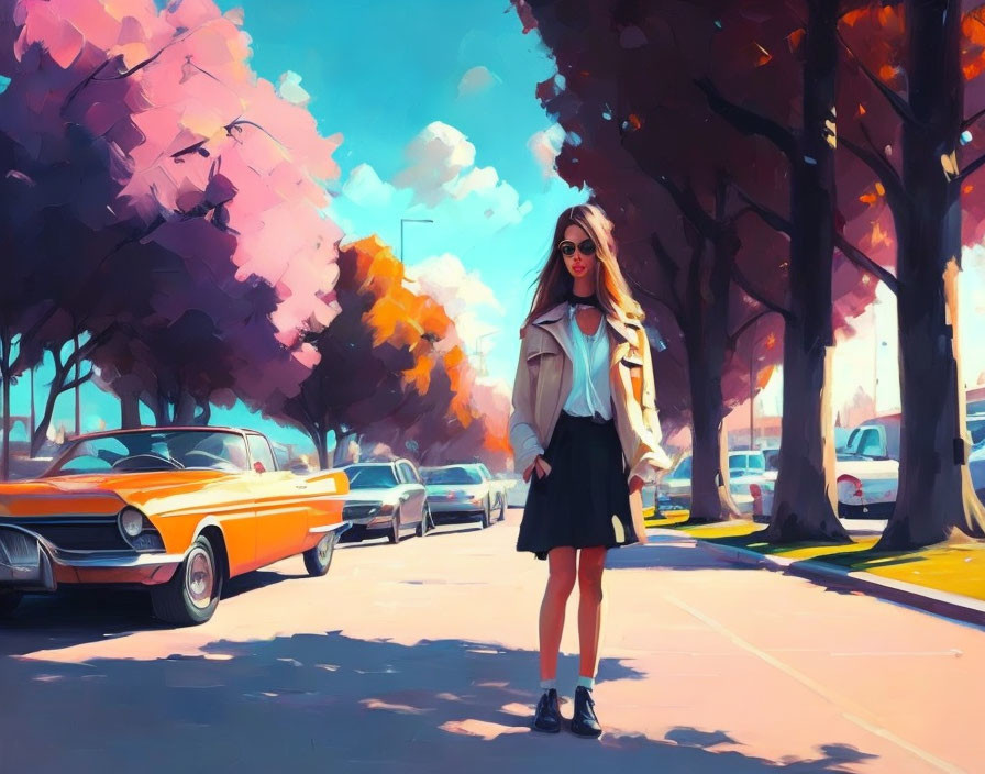 Stylish woman on tree-lined street with vintage car and colorful foliage