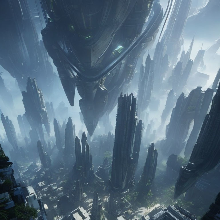 Futuristic cityscape with towering skyscrapers and hazy sunlight effect