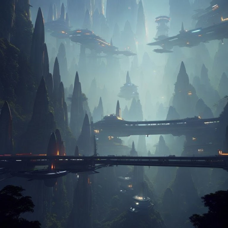 Futuristic cityscape with towering spires, misty mountains, flying vehicles, and interconnected bridges