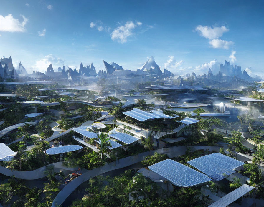 Futuristic cityscape with greenery, modern buildings, solar panels, and mountains against blue sky