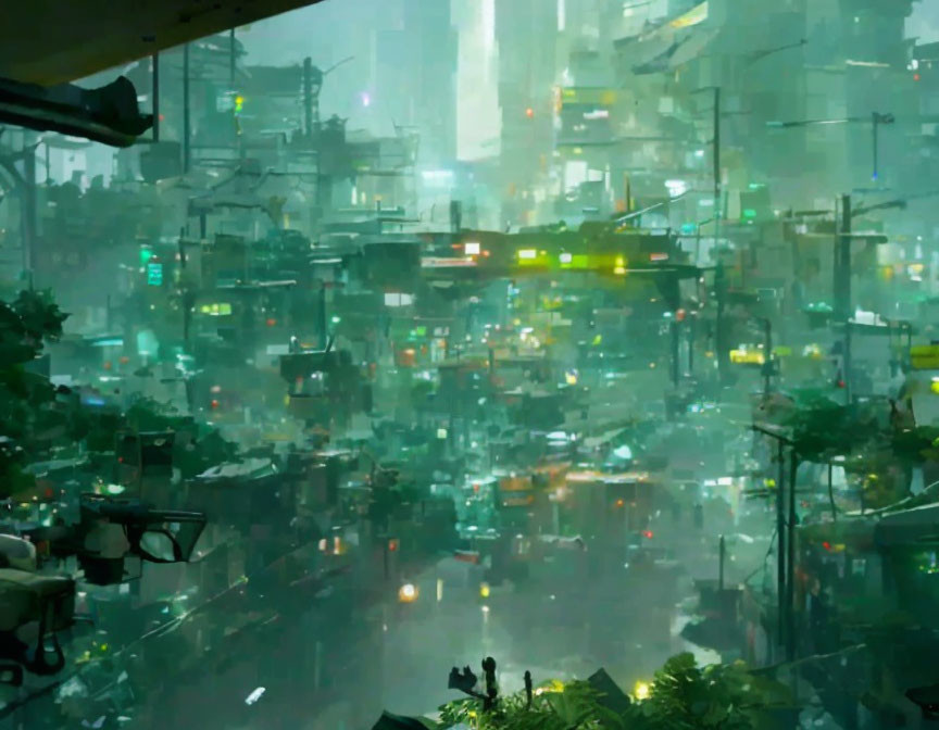 Dense futuristic cityscape with neon signs and green-tinted haze