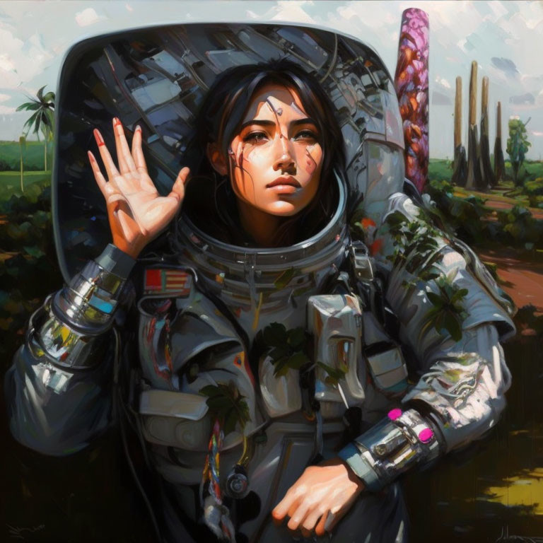 Woman in spacesuit helmet gazes at surreal cactus landscape with tentacle.