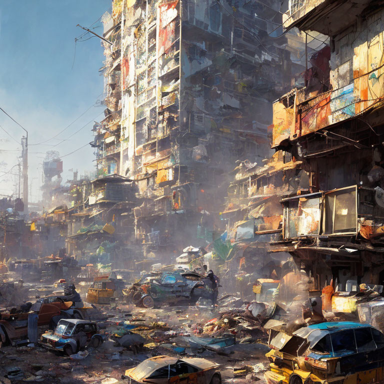 Dystopian cityscape with dilapidated buildings and abandoned cars