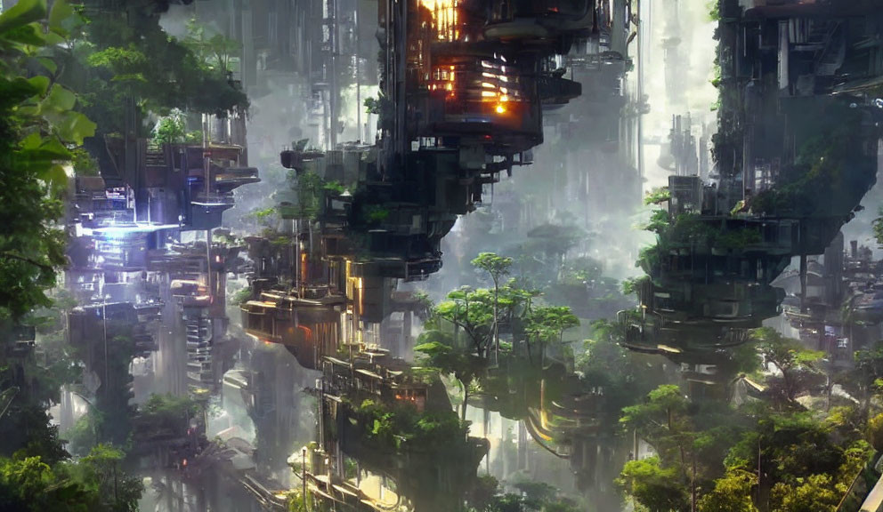 Futuristic cityscape with towering structures and greenery integration