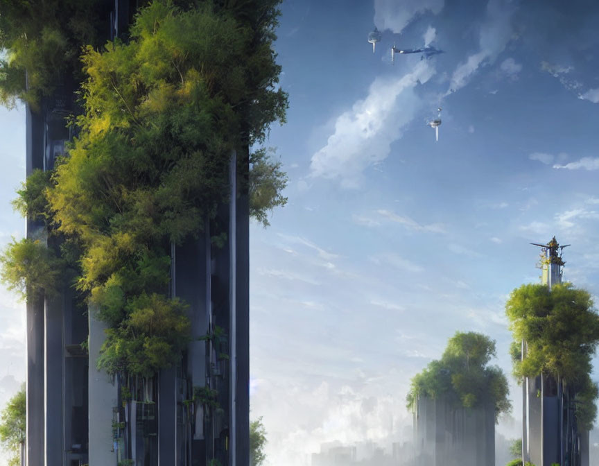 Futuristic cityscape with skyscrapers, greenery, drones, and blue sky.