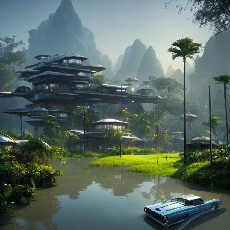 Futuristic terraced buildings in lush valley with karst hills, reflective lake, vintage car boat