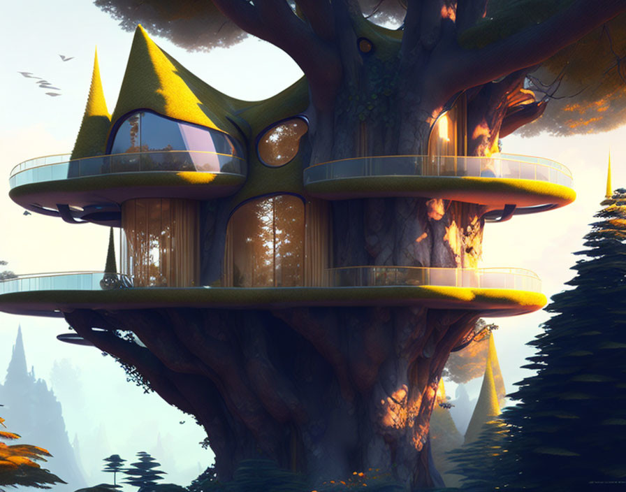 Modern Treehouse with Large Windows in Fantastical Forest