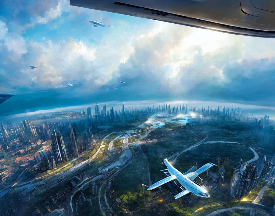 Futuristic cityscape with advanced aircraft and lush surroundings viewed from airplane window