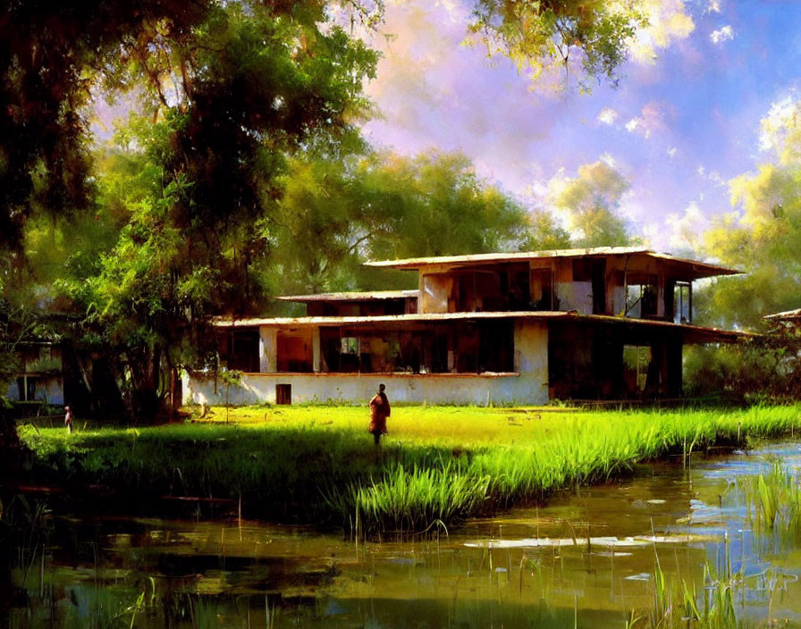 Tranquil painting of person by lush riverside with abandoned house