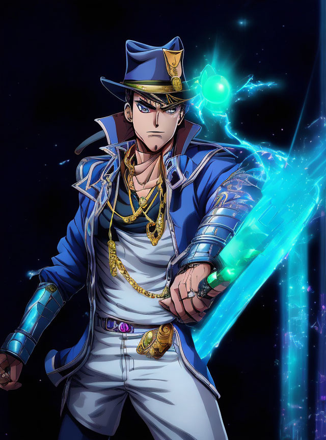 Animated character in navy blue cap and jacket wields glowing green energy sword in starry scene