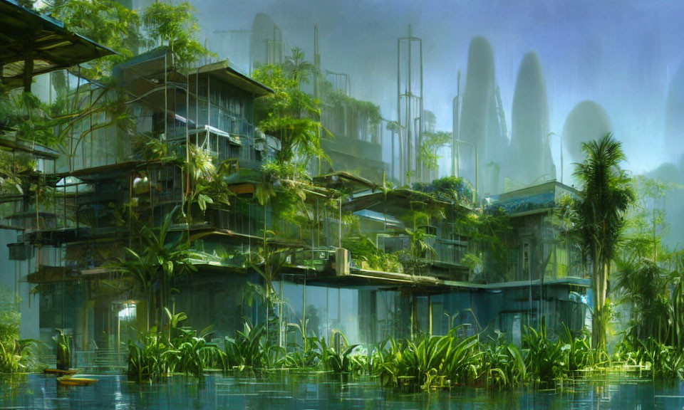 Futuristic multi-level buildings surrounded by lush greenery and misty forested backdrop