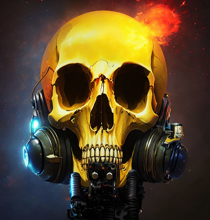 Skull with cybernetic enhancements and glowing eyes in fiery nebula.