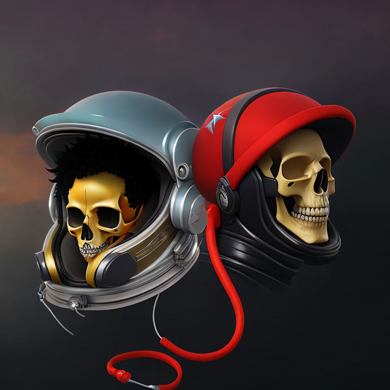 Stylized skull illustrations in astronaut and pilot helmets with red audio cable on dark background