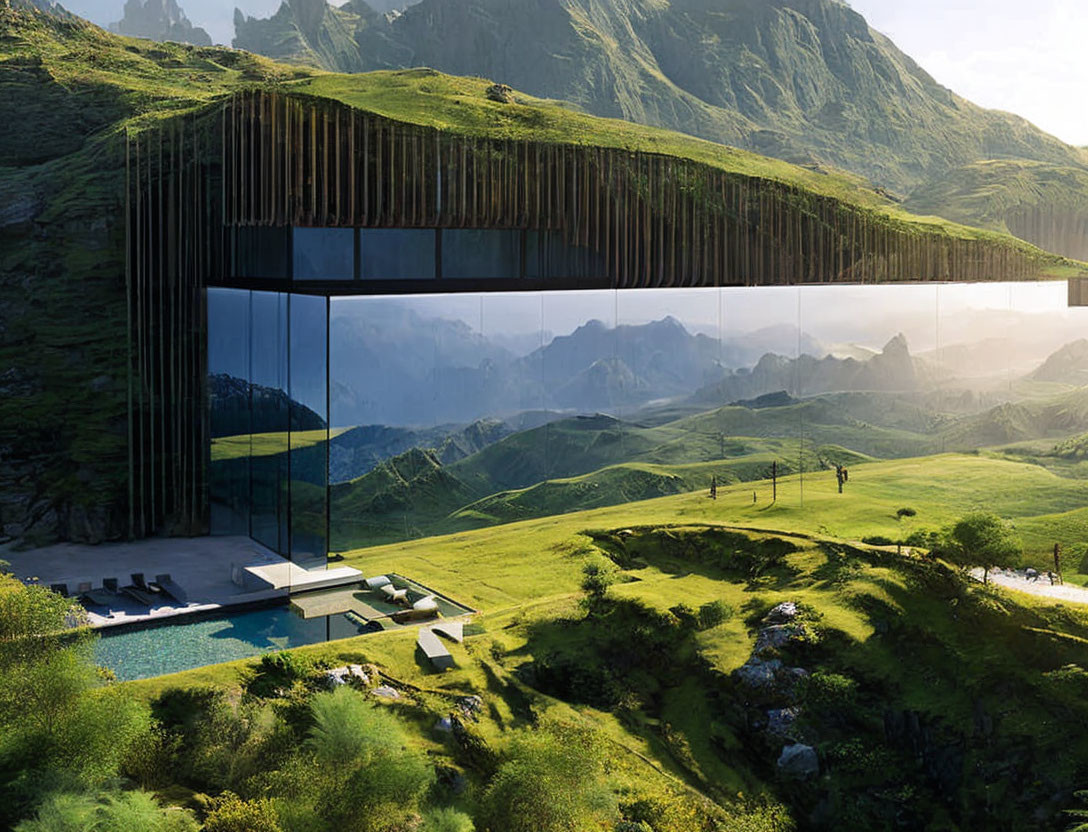 Reflective Glass House in Green Mountain Landscape with Pool at Sunrise or Sunset