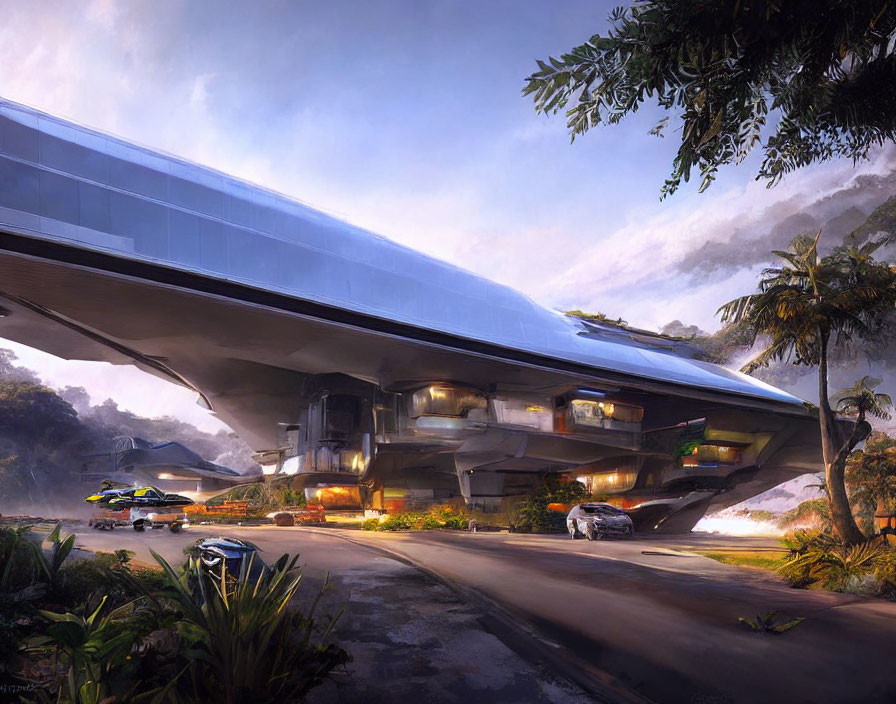 Futuristic building with sleek architecture in lush environment and advanced vehicles.