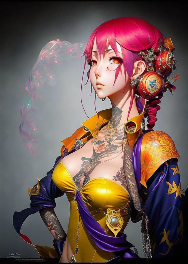 Vibrant Pink Hair Female Character with Golden Armor & Tattoos