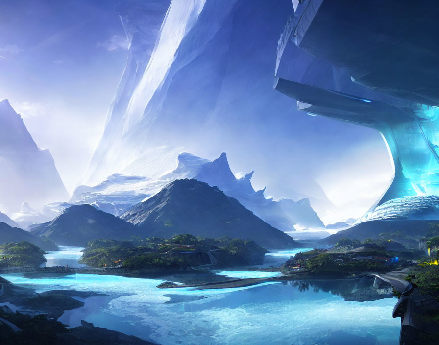 Alien structures and waterfalls in sci-fi landscape