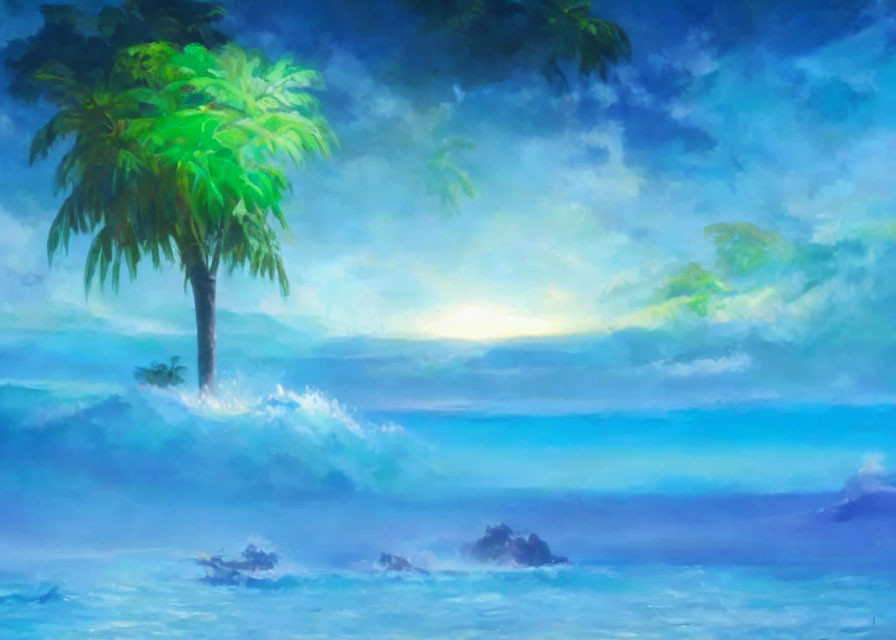 Impressionistic painting of lone palm tree by serene sea at sunrise