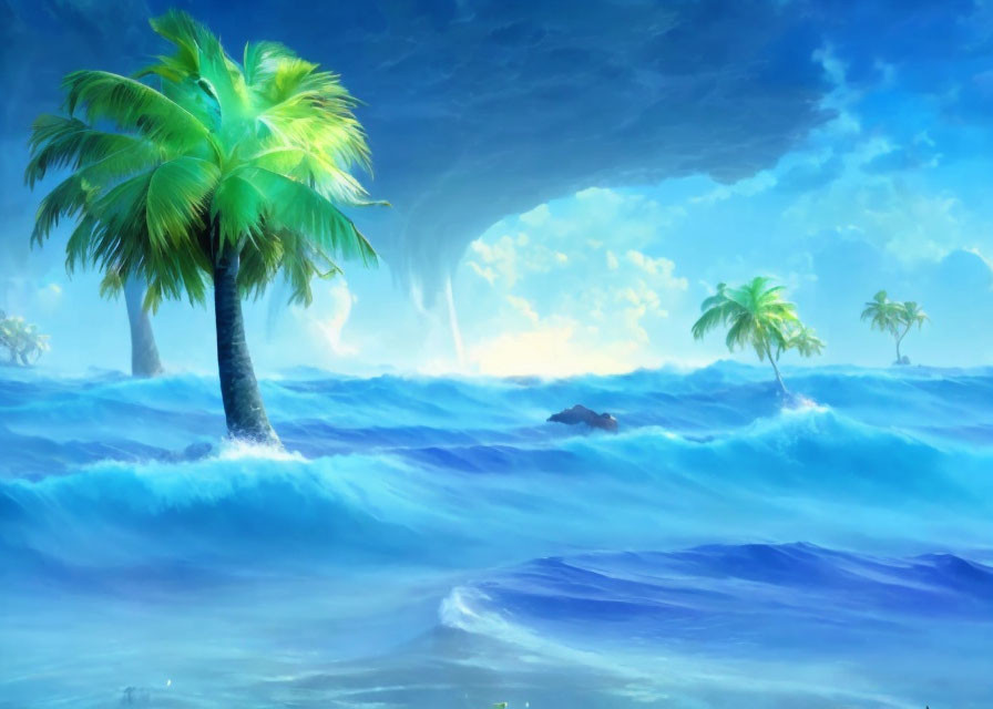 Digital Art: Serene palm trees in turbulent ocean with waterspout