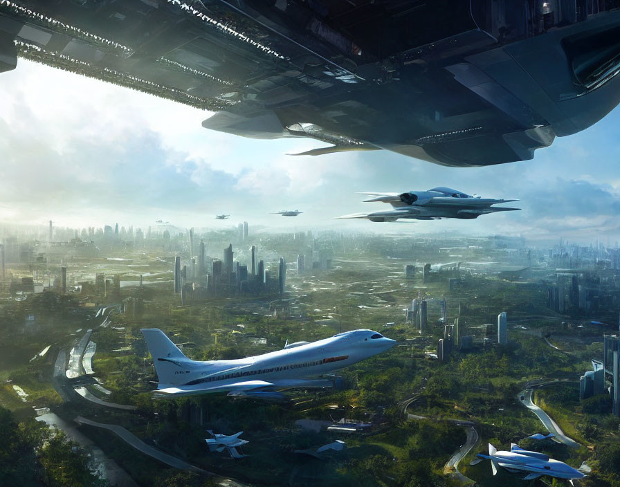 Futuristic cityscape with flying vehicles and spaceship above skyscrapers