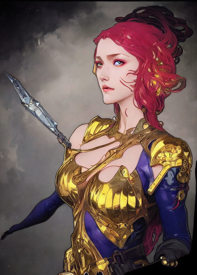 Fantasy digital artwork of a red-haired woman in gold and blue armor with a spear.