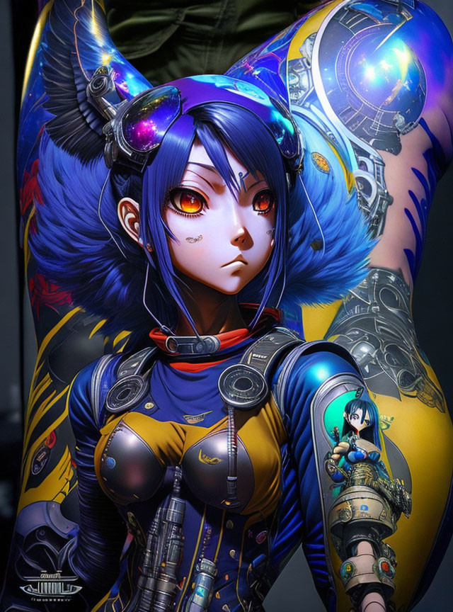 Female character with blue hair in futuristic armor and glowing mechanical details on dark background