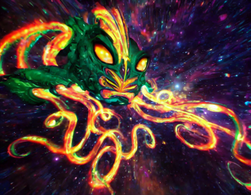 Colorful cosmic creature with multiple eyes and tendrils in psychedelic setting