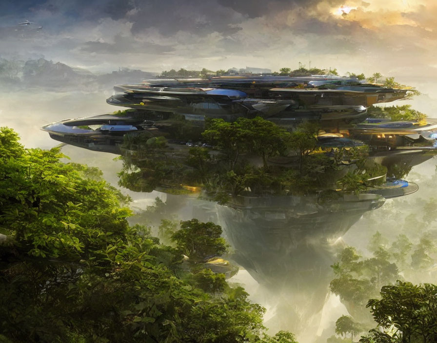 Futuristic city on rock in lush jungle at sunrise