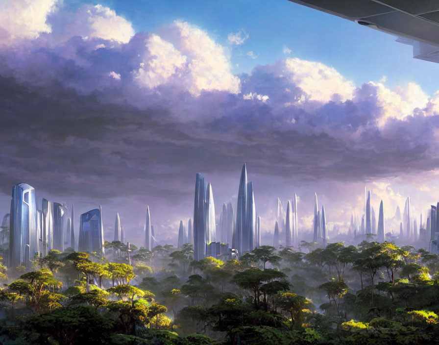 Futuristic cityscape with skyscrapers in lush forest under dramatic sky