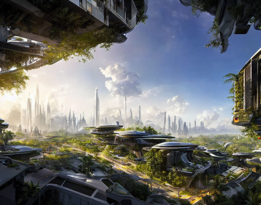 Futuristic cityscape with greenery, high-tech buildings, and flying vehicles