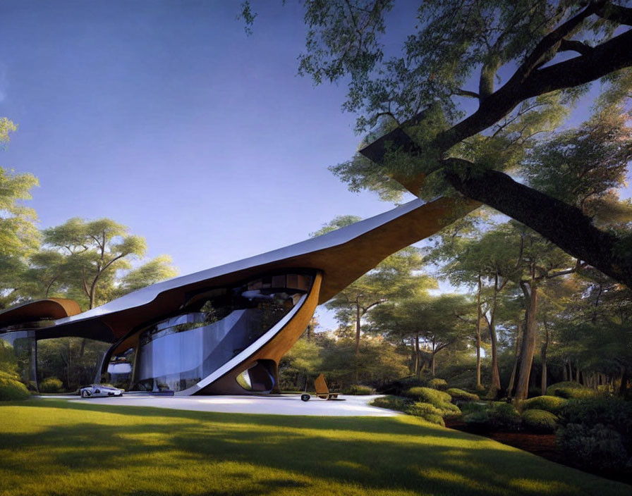 Curved modern architectural structure in lush forest setting