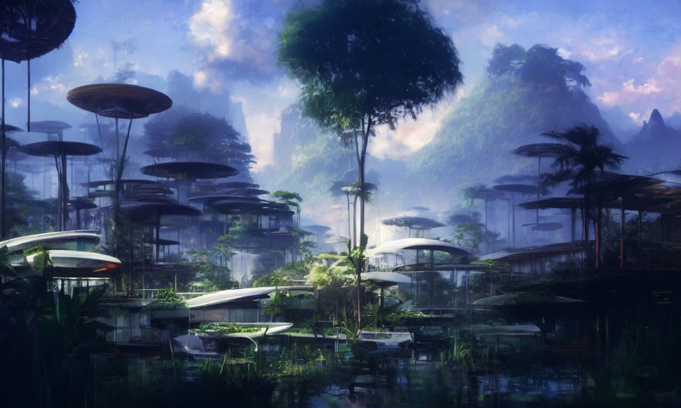 Futuristic cityscape with mushroom-shaped buildings in misty mountain setting