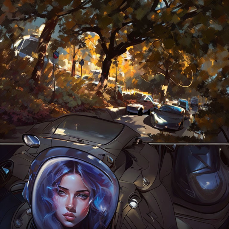 Split Image: Autumn Trees on City Street & Woman with Blue Hair in Futuristic Helmet