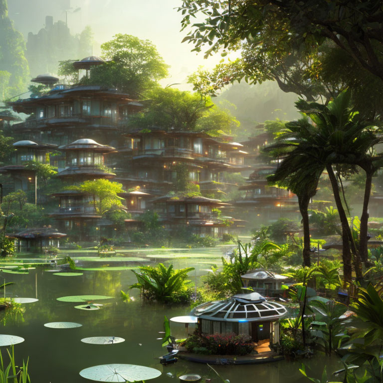 Futuristic treehouse-style buildings in lush jungle with serene waterway