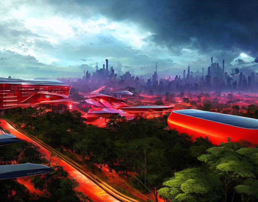 Futuristic cityscape at dusk with glowing red roads and towering skyscrapers