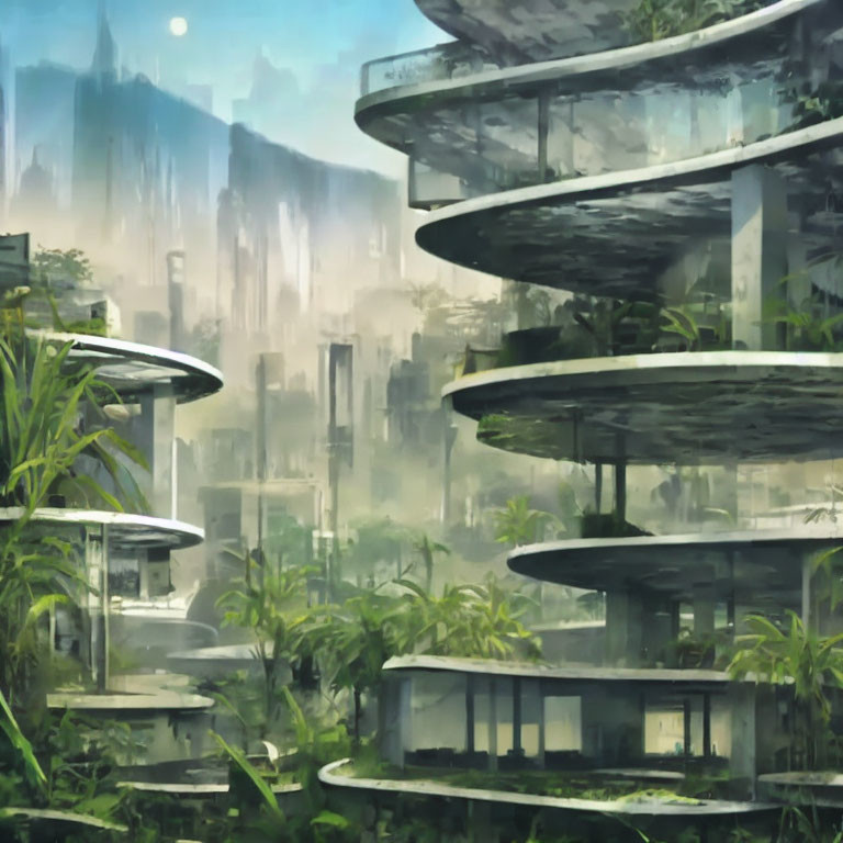 Futuristic multi-level circular cityscape in lush green setting.