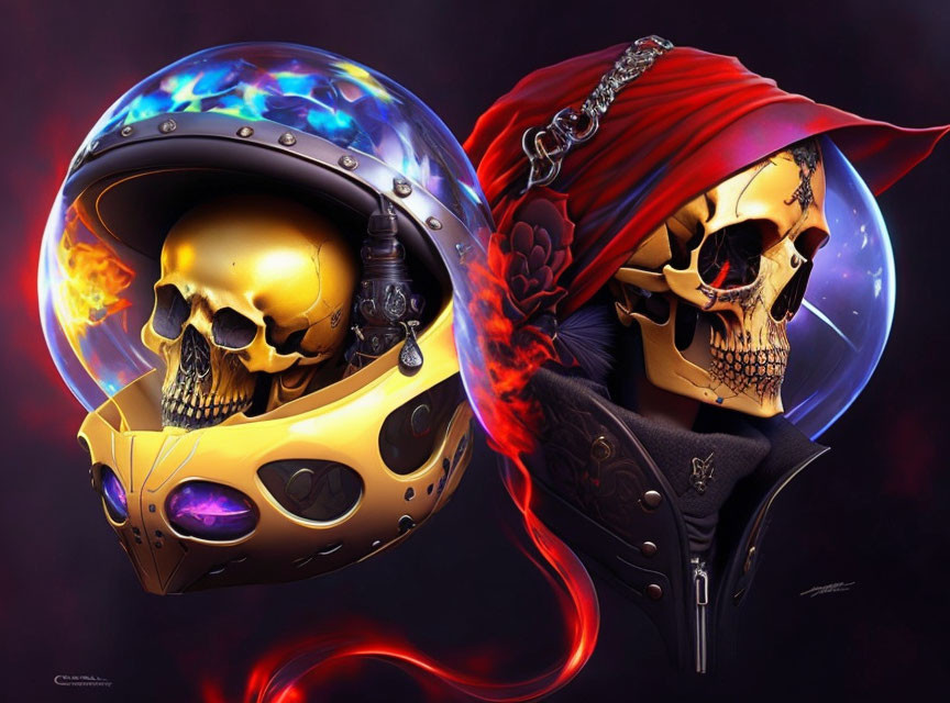 Stylized skulls with helmets: golden visor with blue flames, red hood with red flames on