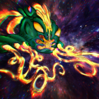 Colorful cosmic creature with multiple eyes and tendrils in psychedelic setting