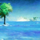 Tranquil tropical seascape with palm tree, ocean waves, and misty island