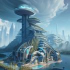 Futuristic cityscape with multi-level architecture and lush greenery