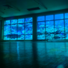 Silhouetted person in flooded room with plants, gazing at nighttime cityscape in blue tones