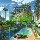 Tranquil landscape with waterfalls, lush greenery, and futuristic architecture harmonizing with nature