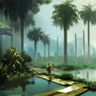 Tranquil tropical landscape with palm trees, pond, and ancient ruins