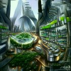 Abandoned futuristic city ruins overtaken by lush vegetation