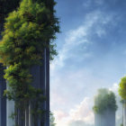 Futuristic cityscape with skyscrapers, greenery, drones, and blue sky.