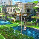 Futuristic overgrown cityscape with waterways, people, lush vegetation, and abandoned buildings.