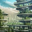 Futuristic multi-level circular cityscape in lush green setting.