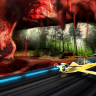 Futuristic yellow vehicle in sci-fi cityscape with red bridge and misty forest